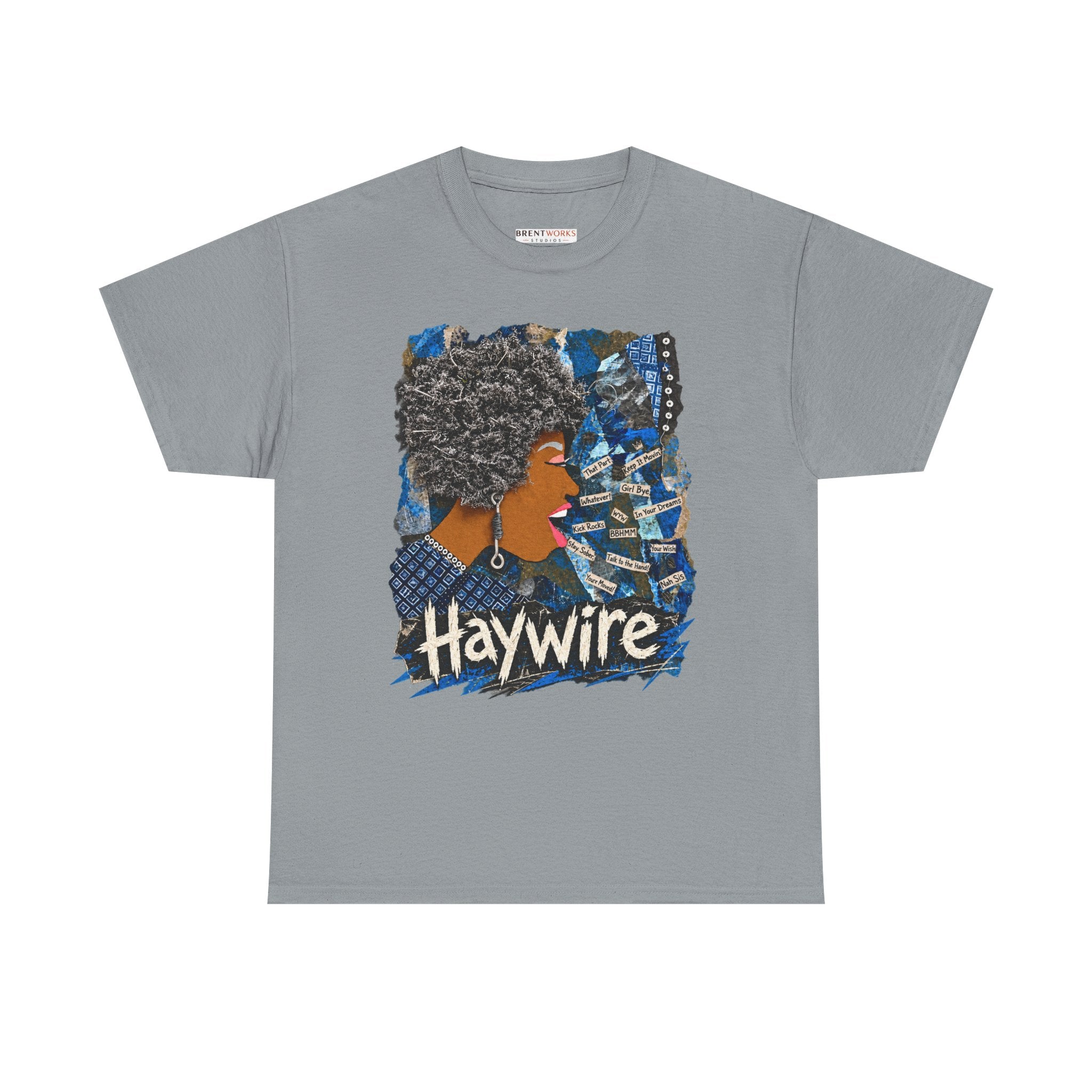 Haywire Afro Portrait Tee — Retro Blue Collage Graphic T-Shirt