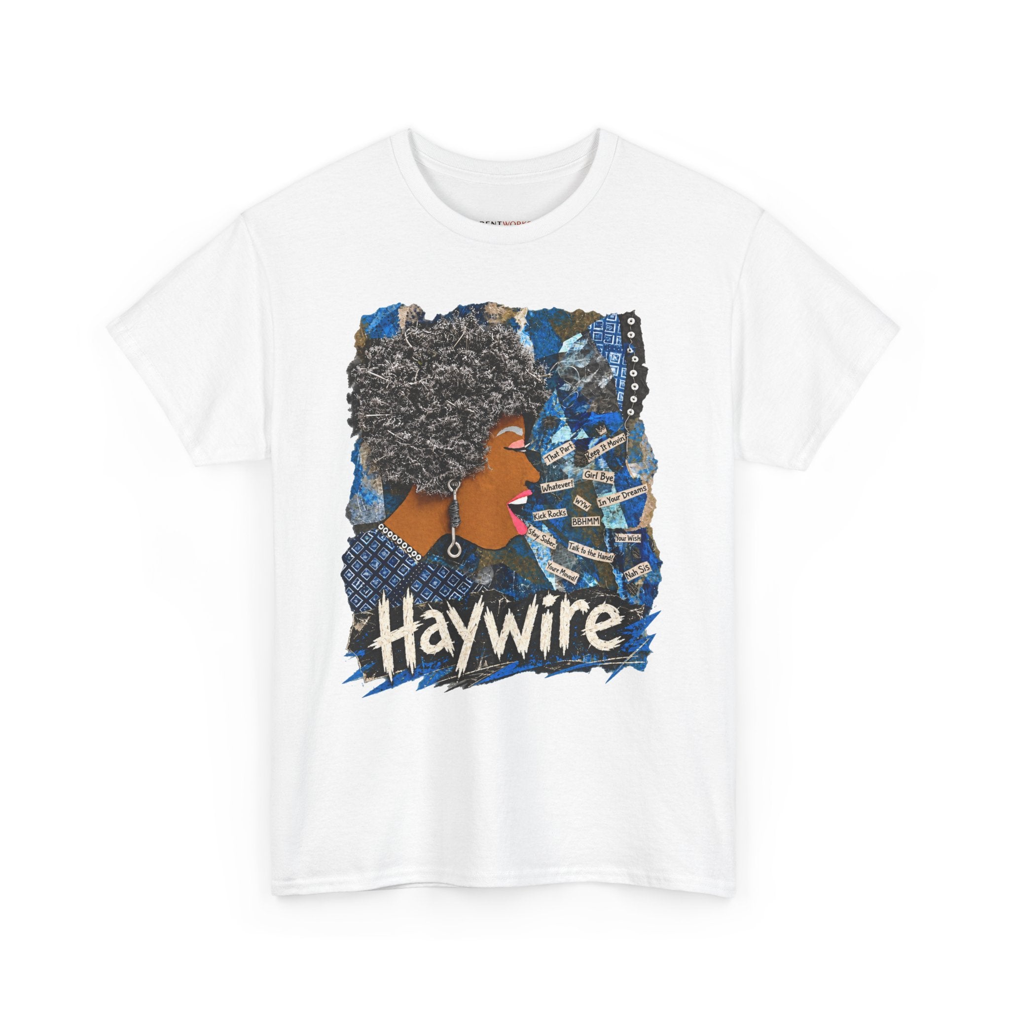 Haywire Afro Portrait Tee — Retro Blue Collage Graphic T-Shirt