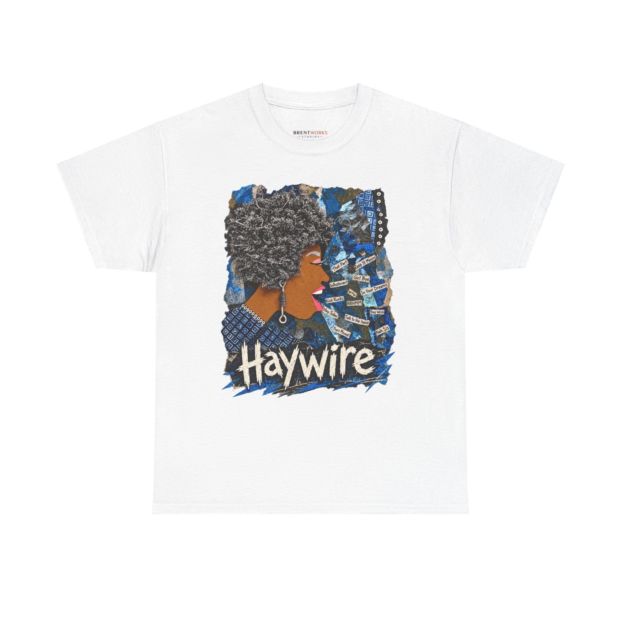 Haywire Afro Portrait Tee — Retro Blue Collage Graphic T-Shirt