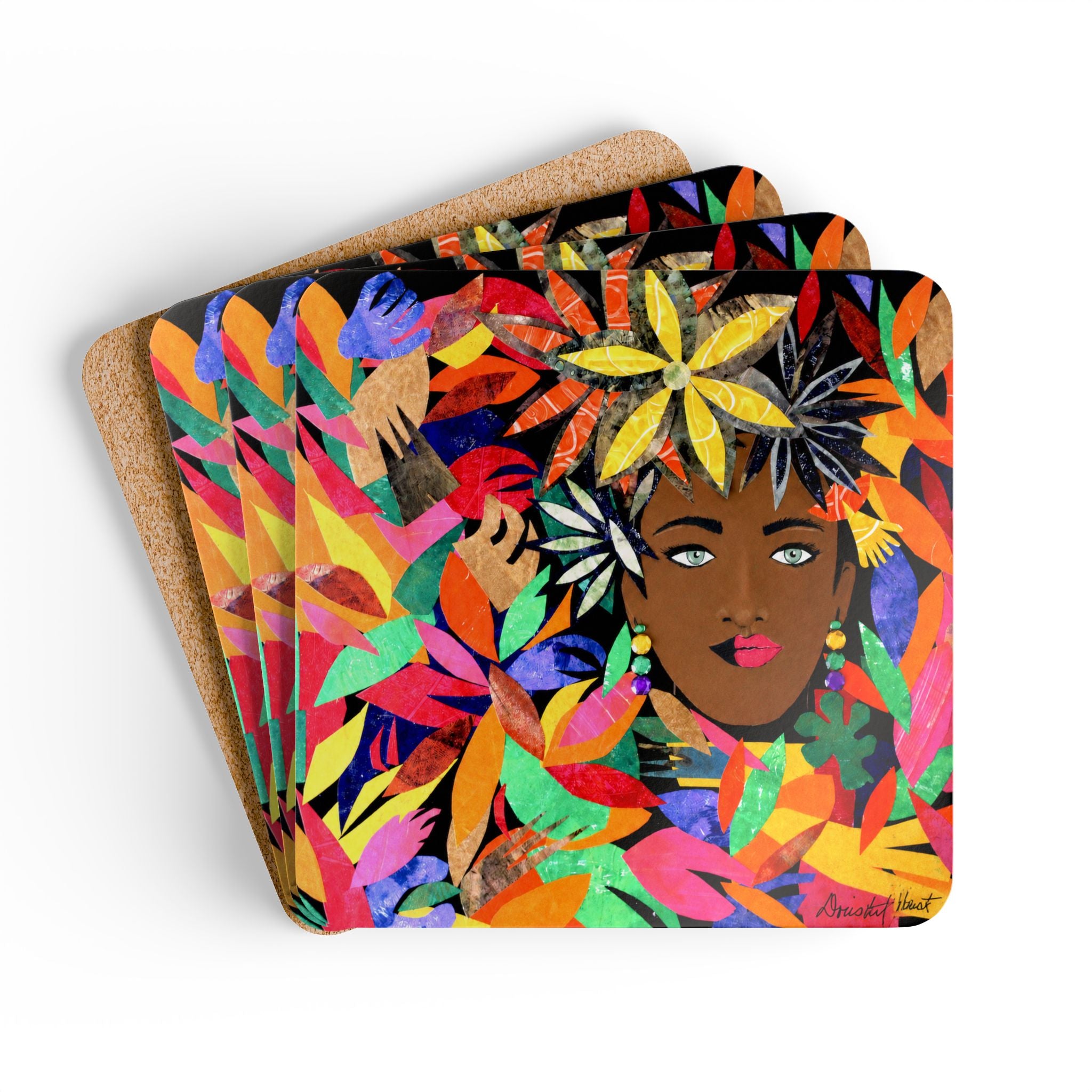 Tropical Floral Face Coasters — Set of 4 Colorful Hardboard Coasters with Cork Bottom