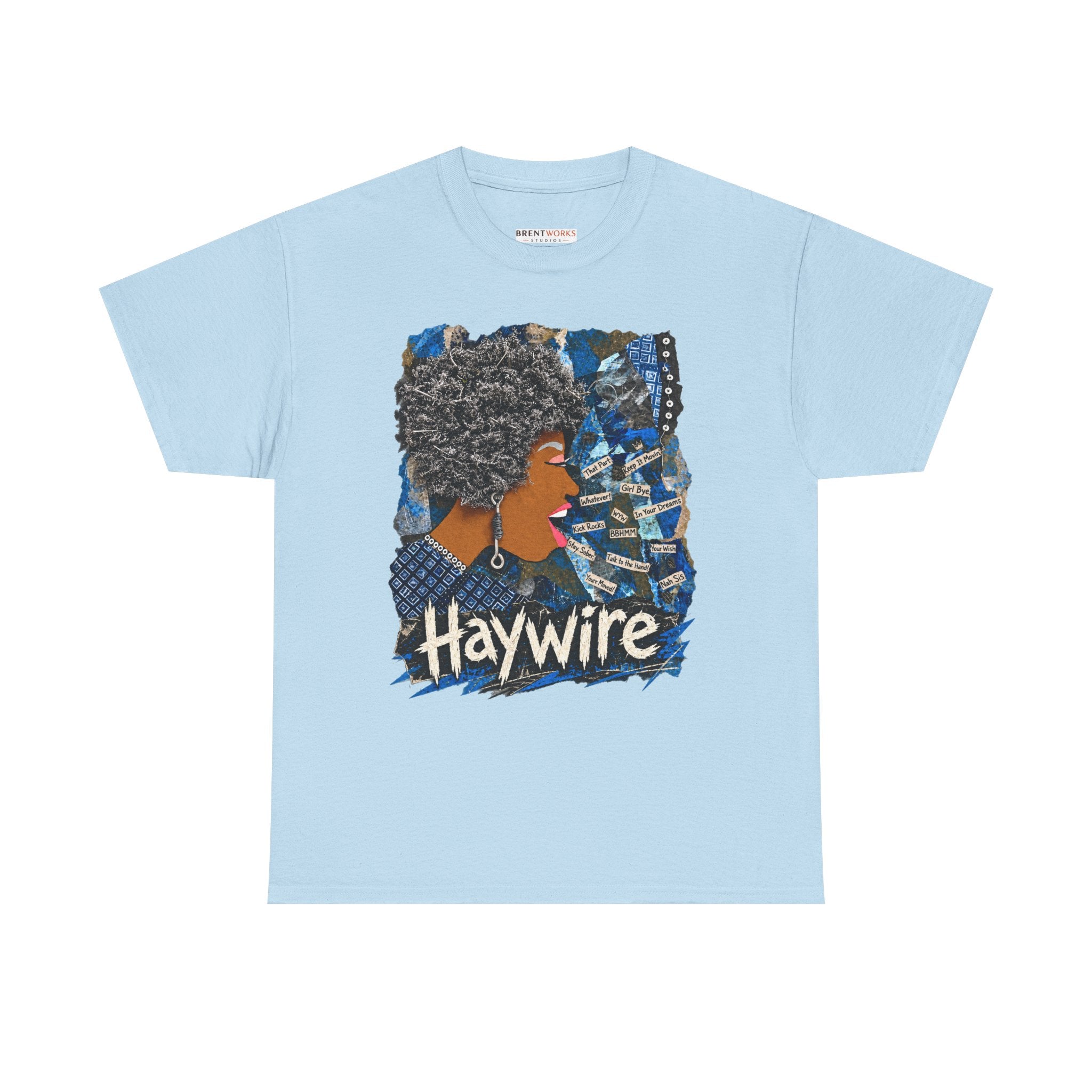 Haywire Afro Portrait Tee — Retro Blue Collage Graphic T-Shirt