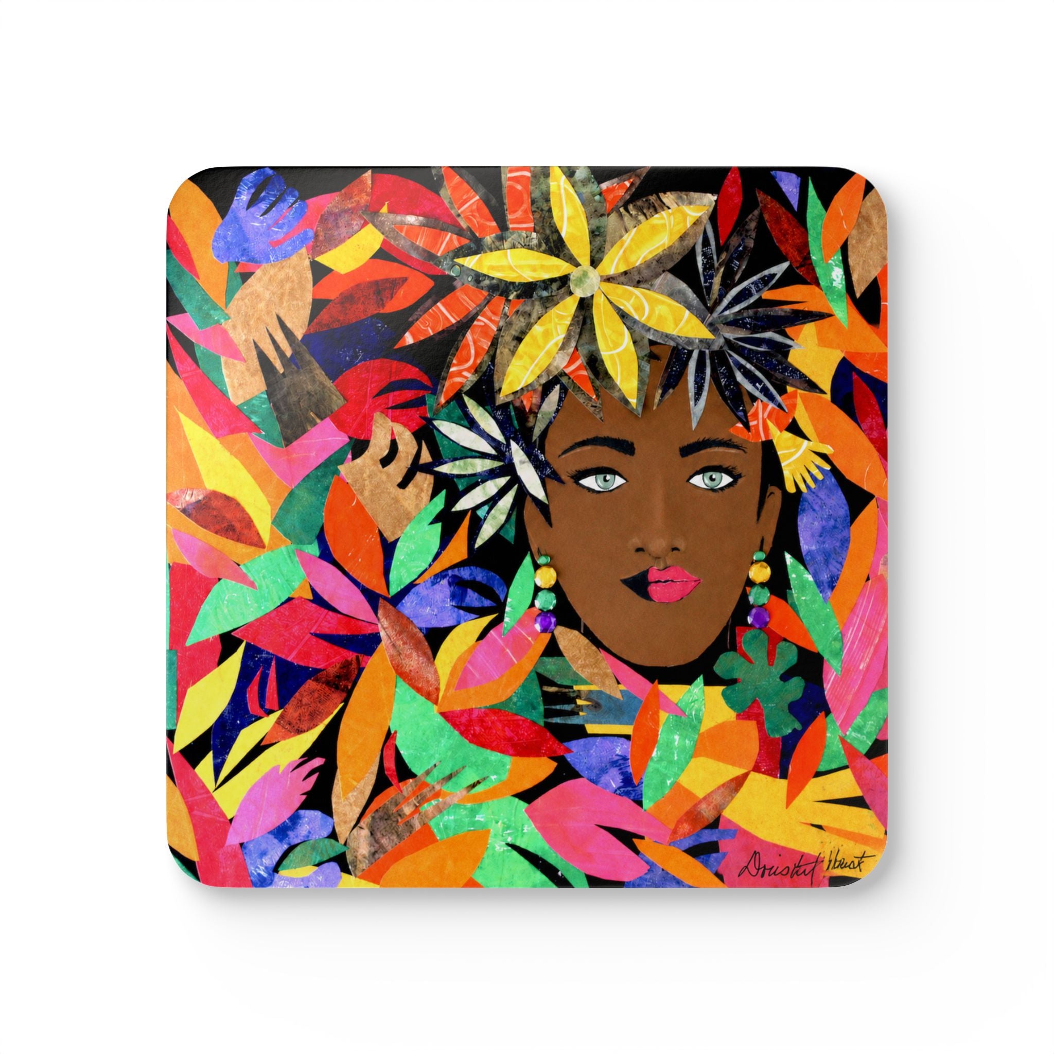 Tropical Floral Face Coasters — Set of 4 Colorful Hardboard Coasters with Cork Bottom