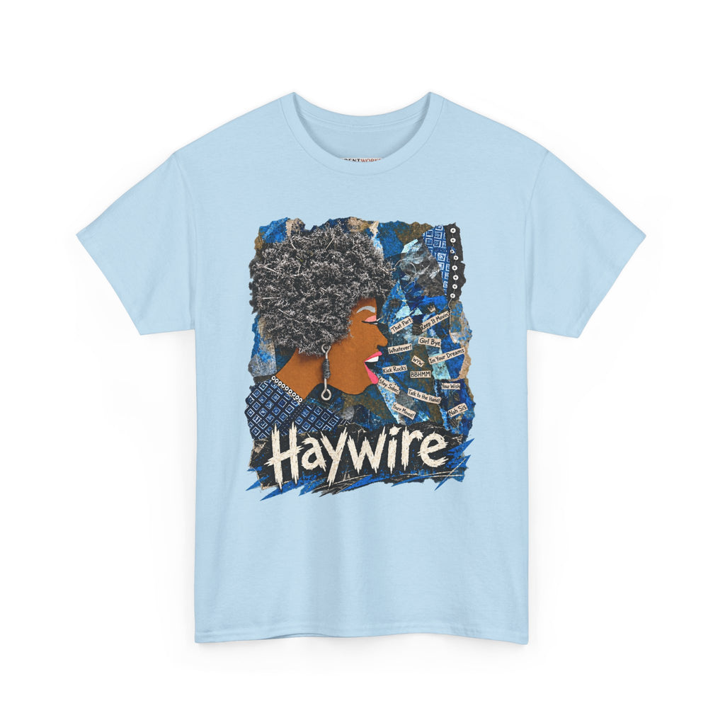 Haywire Afro Portrait Tee — Retro Blue Collage Graphic T-Shirt