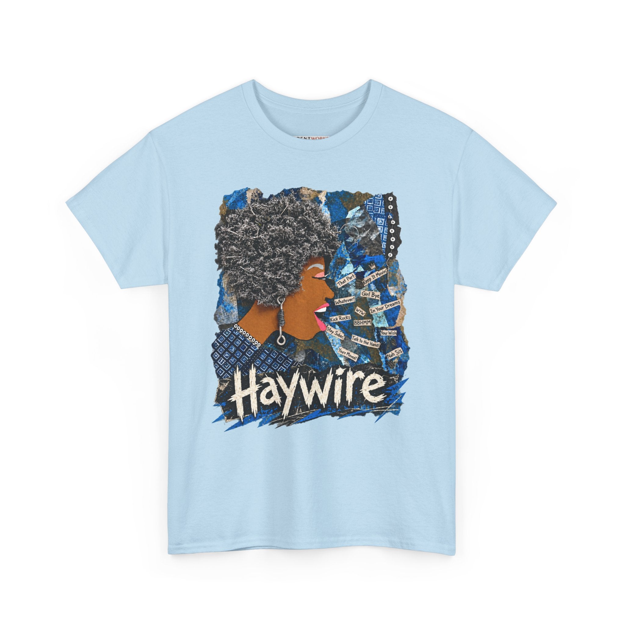 Haywire Afro Portrait Tee — Retro Blue Collage Graphic T-Shirt