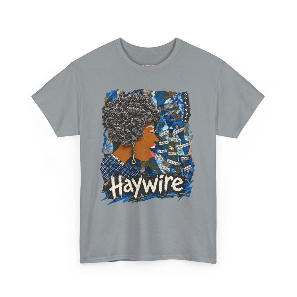 Haywire Afro Portrait Tee — Retro Blue Collage Graphic T-Shirt